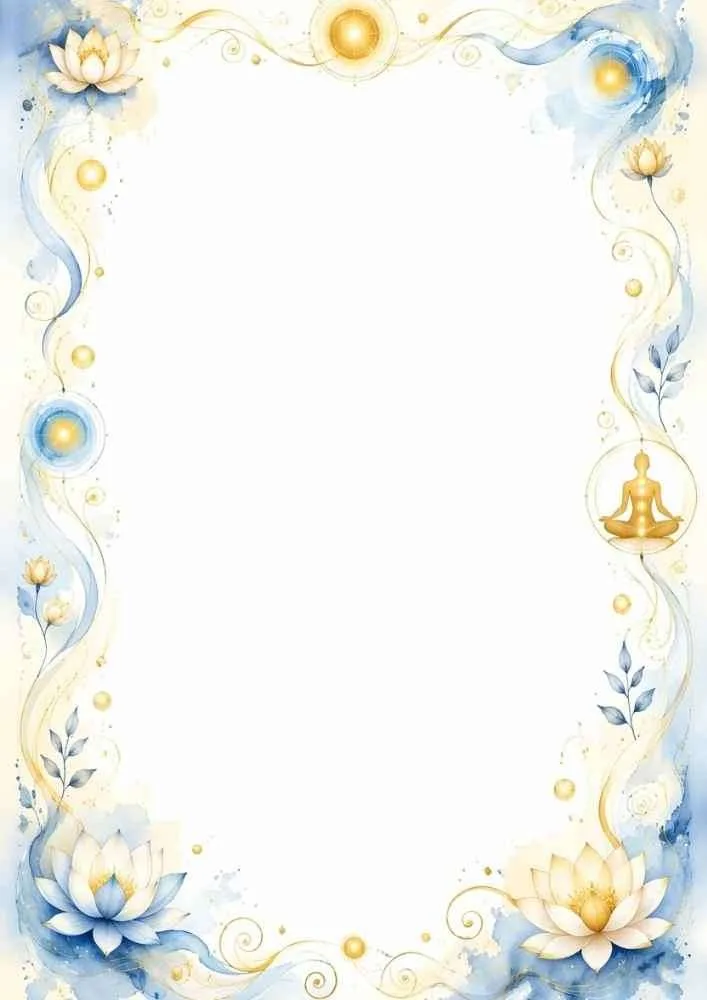Watercolor border with lotus flowers, meditation figure, and a blank center.