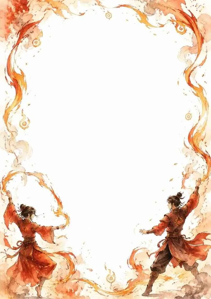 Watercolor border with two fire dancers and a large blank center.