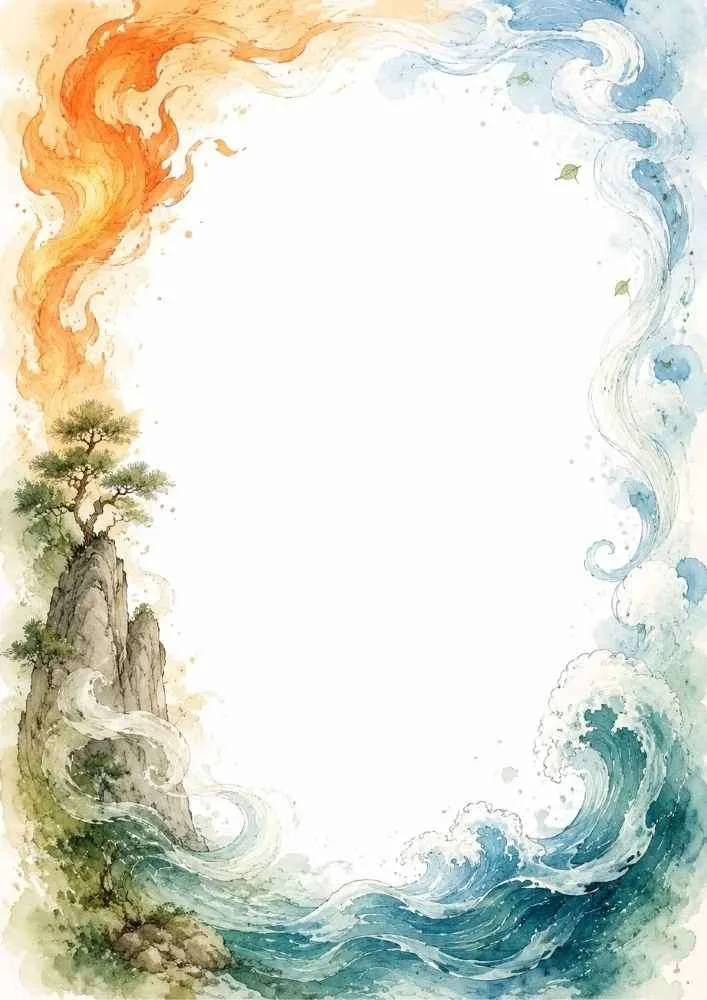 Watercolor border with ocean waves, mountain, and a blank center.
