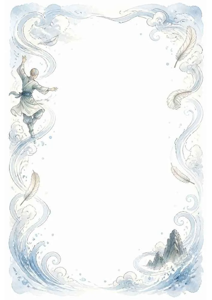 Watercolor border with a martial artist, clouds, feathers, and a blank center.