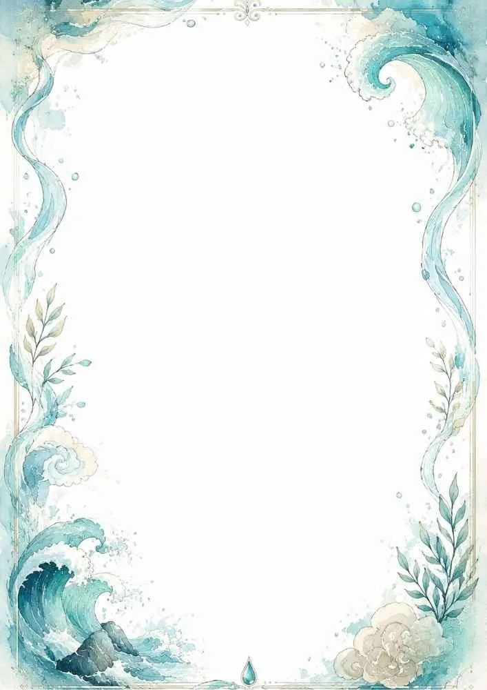Blue watercolor border with ocean waves, leaves, and a large blank center.