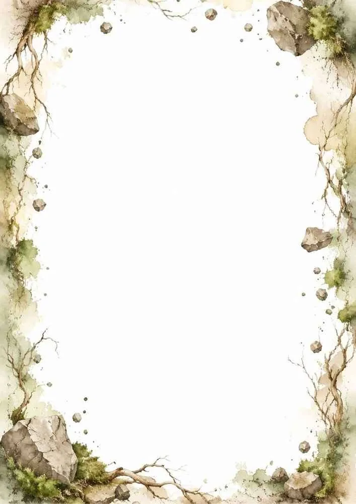 Watercolor forest border with rocks, roots, greenery, and a blank center.
