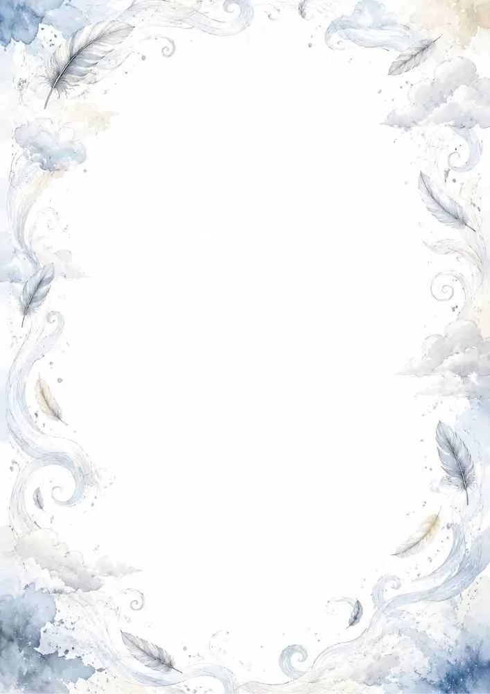 Watercolor border with feathers, clouds, and flowing swirls around a blank center.