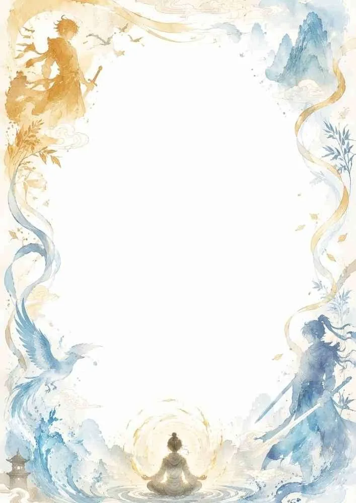 Watercolor border with warriors, bird, mountains, and a large blank center.