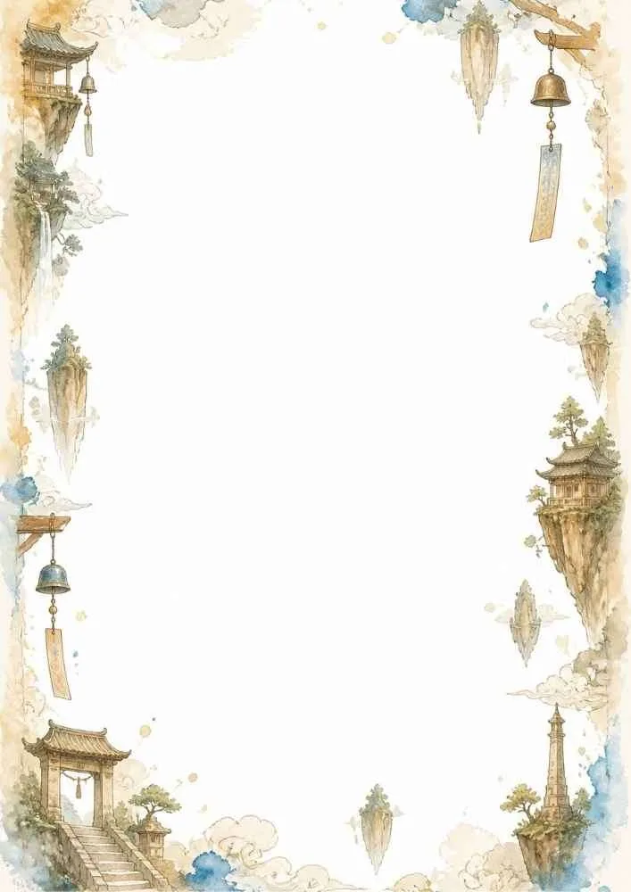 Watercolor border with temples, bells, floating islands, and a blank center.