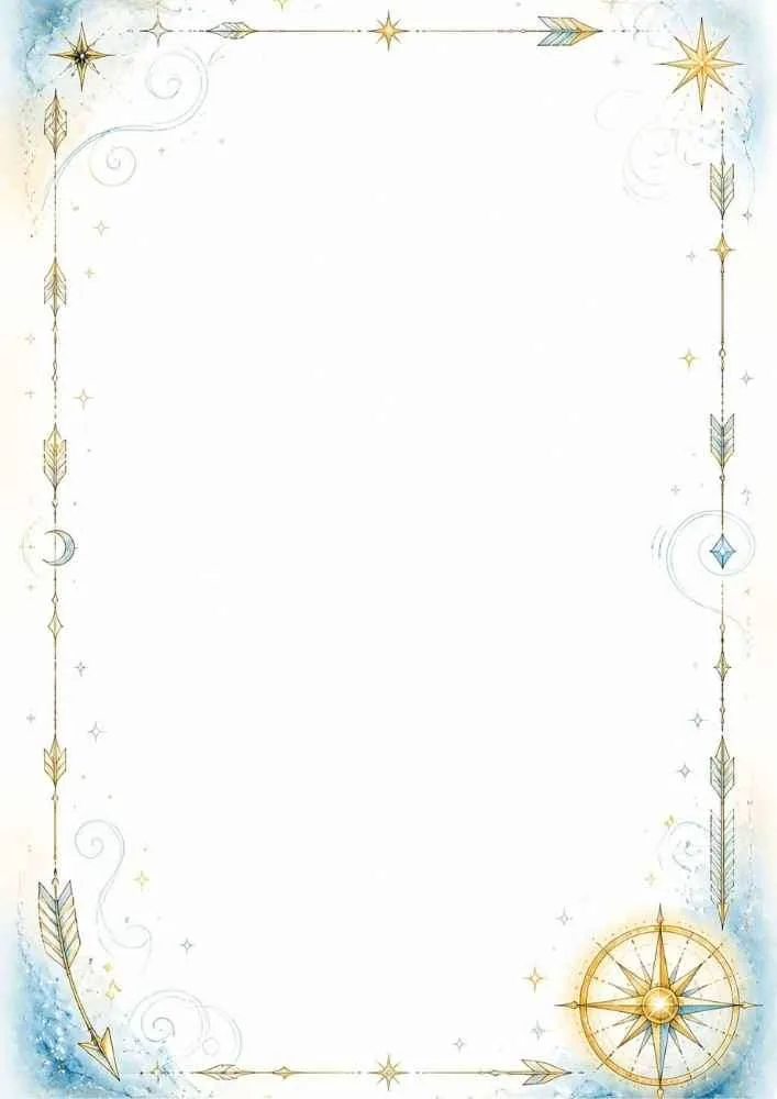 Watercolor border with stars, arrows, compass, and a blank center.