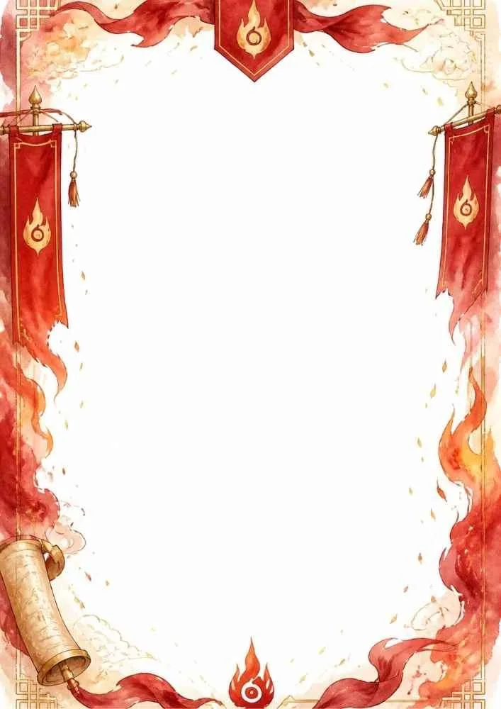 Watercolor border with fire banners, flames, and a scroll around a blank center.