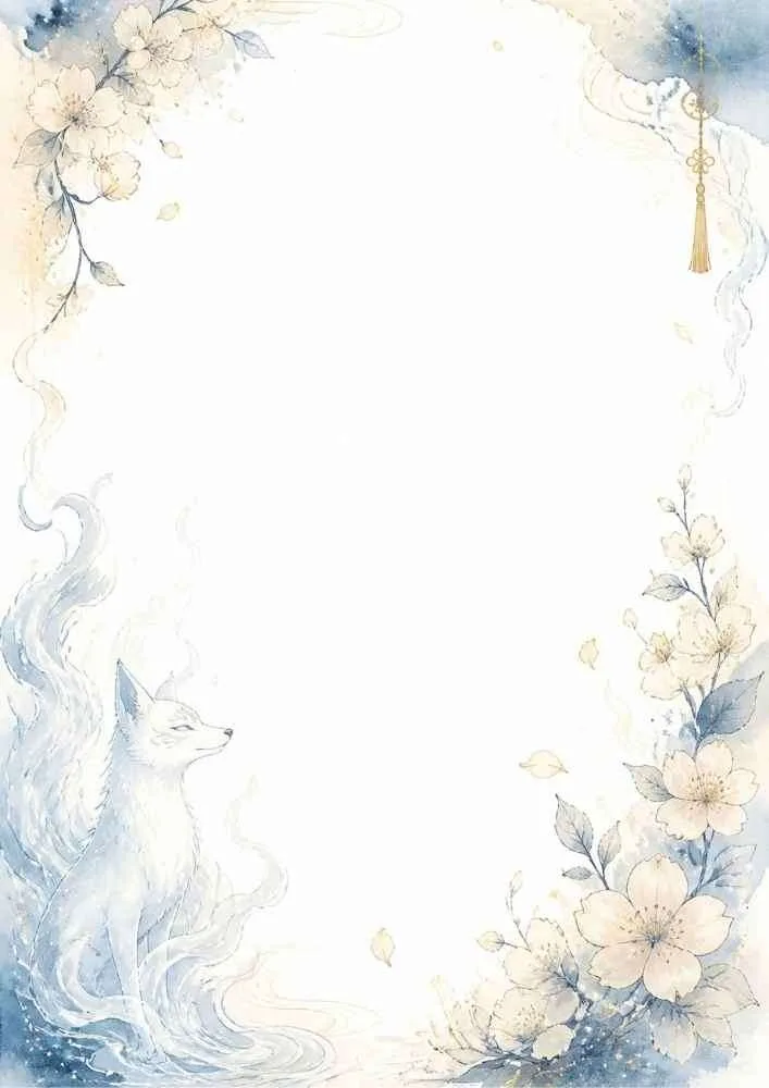 Watercolor border with a fox, cherry blossoms, and a large blank center.