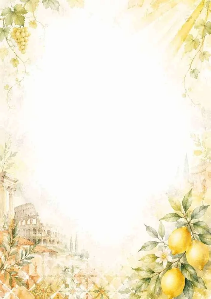 Watercolor Rome border with lemons, vines, Roman landmarks, and a large blank writing area.