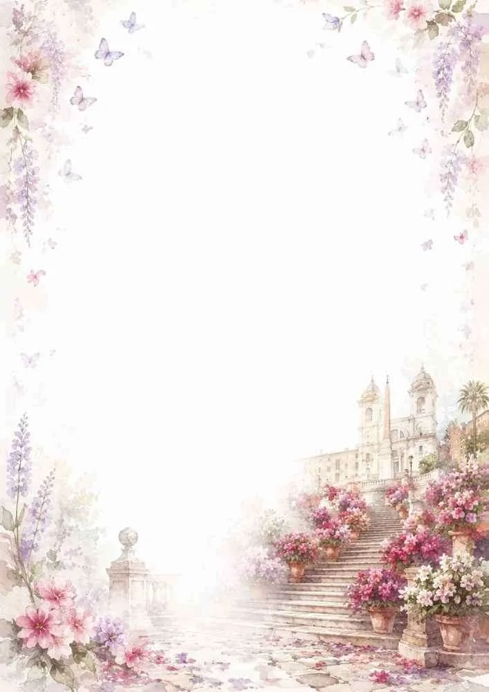 Watercolor floral Rome border with butterflies, staircase, and a large blank writing space.