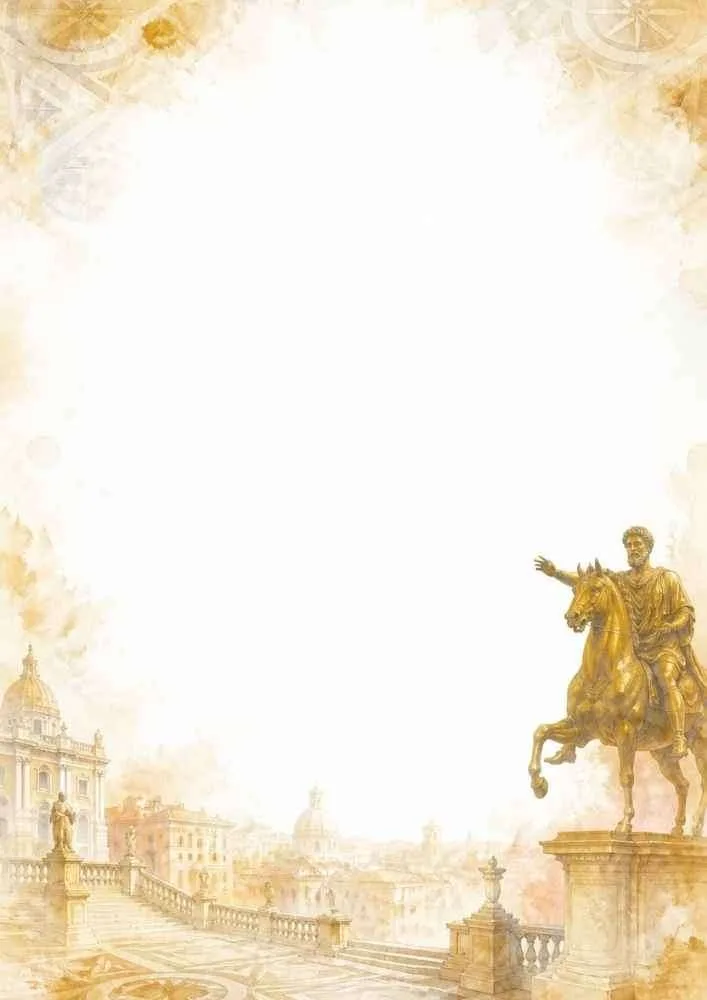 Watercolor Rome border featuring a golden statue and spacious blank writing area.