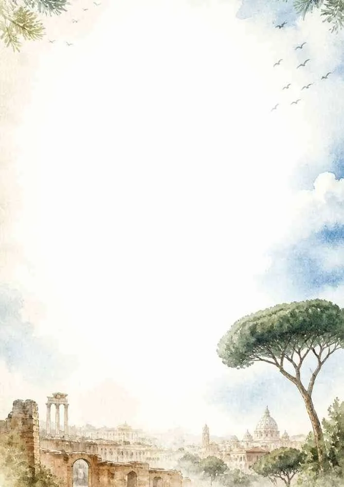 Watercolor Rome landscape border with ruins, pine tree, and a blank writing center.