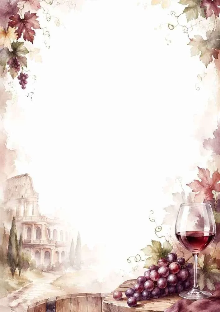 Watercolor Rome vineyard border with grapes, wine glass, and large blank writing space.