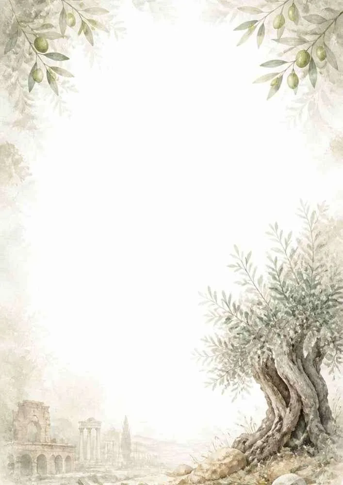 Watercolor Rome olive tree border with Roman ruins and a blank writing area.