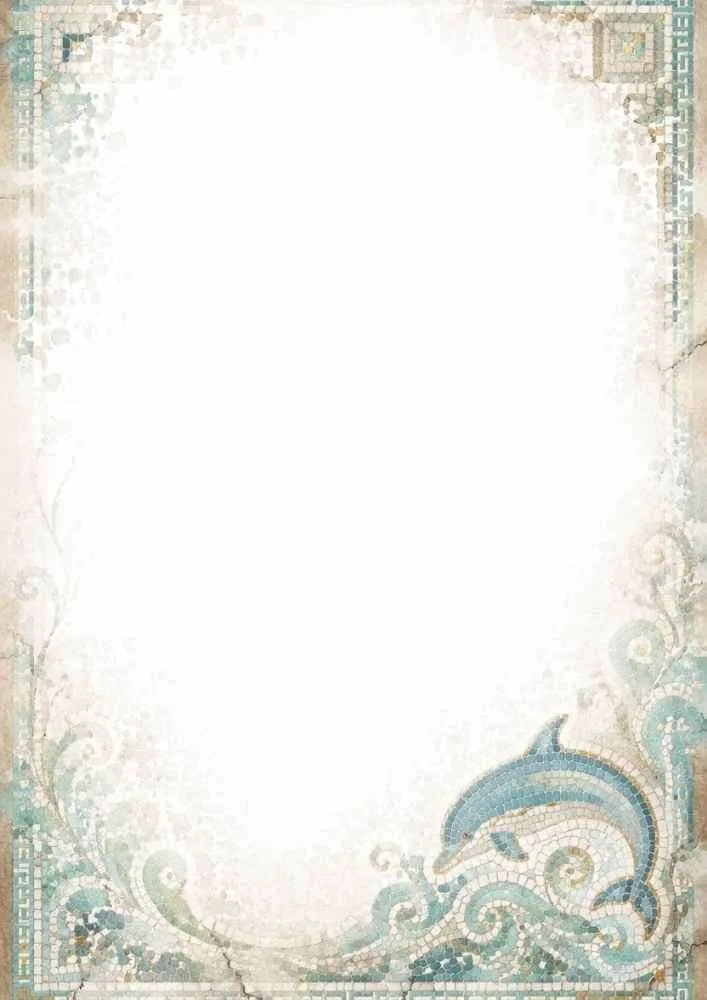 Watercolor Rome mosaic border with a dolphin design and large blank writing center.