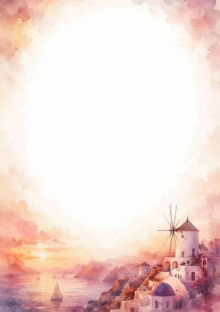 A watercolor border with a sunset sky, pink clouds, a cliffside town, a traditional windmill, and a sailboat.