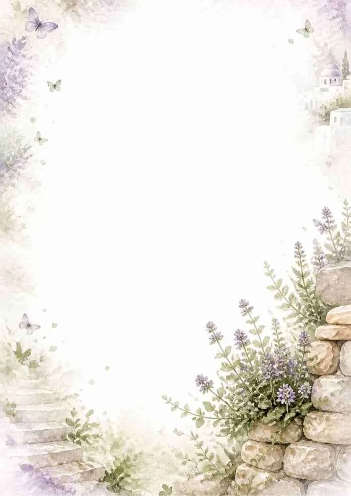 A watercolor border showing rustic stone steps, purple wildflowers growing from a rock wall, and flying butterflies.