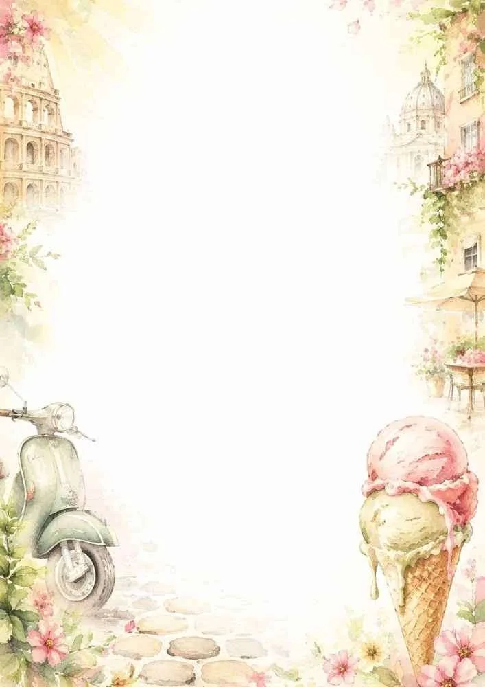A watercolor border with a green scooter, cobblestone path, pink flowers, ice cream cone, and distant Roman architecture.