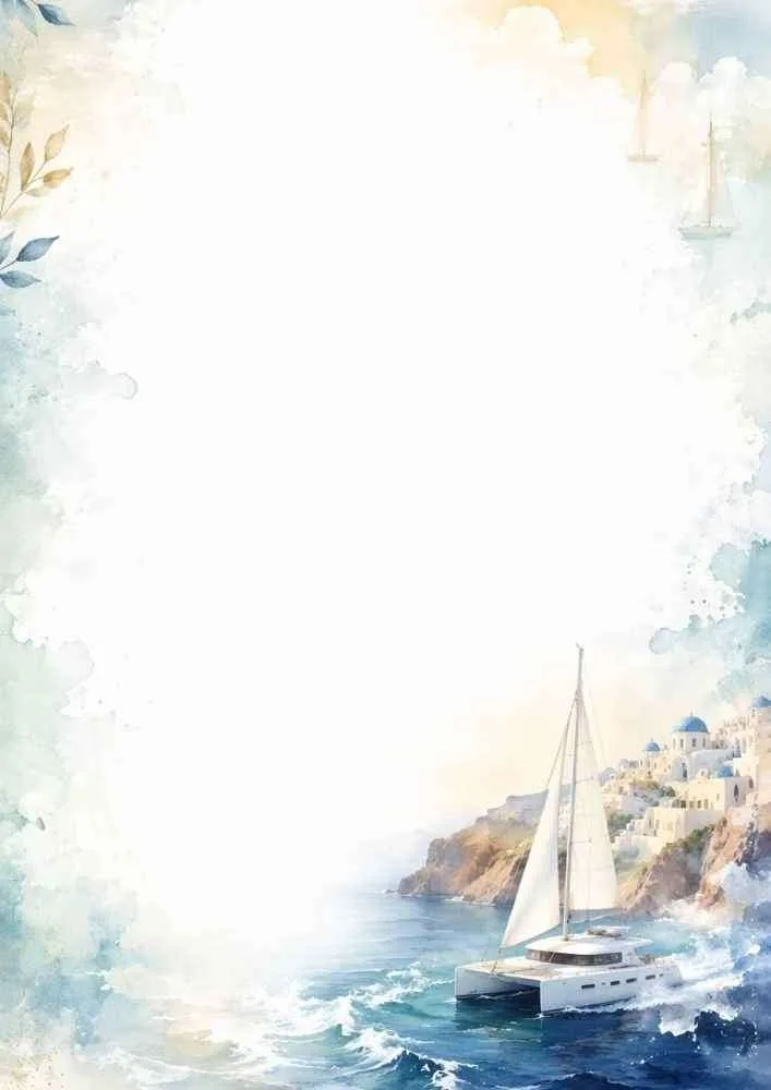 A watercolor border showing a white sailboat on the ocean, crashing waves, and a beautiful cliffside town with blue domes.