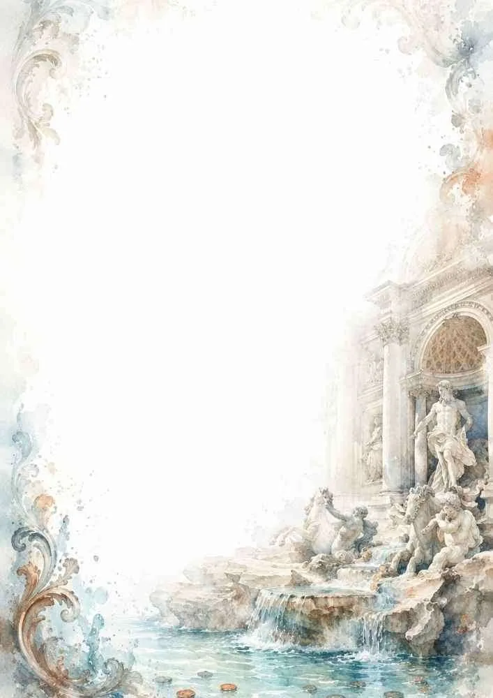 A watercolor border featuring a classical stone fountain with statues, horses, cascading water, and decorative corner swirls.