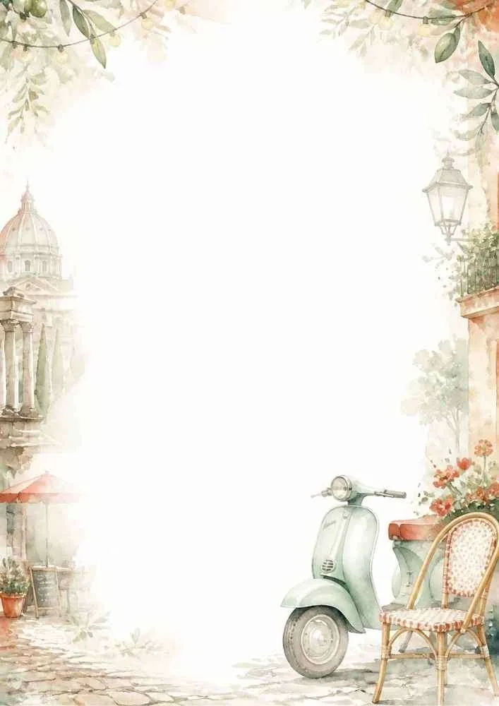 A soft watercolor border showing a green vintage scooter, a cafe chair, string lights, and classic stone buildings.