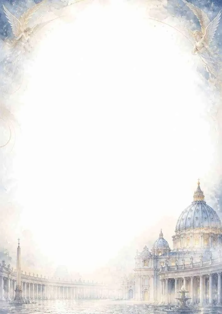 A watercolor border featuring a grand domed cathedral, a large stone colonnade, an obelisk, and ethereal angels in the sky.