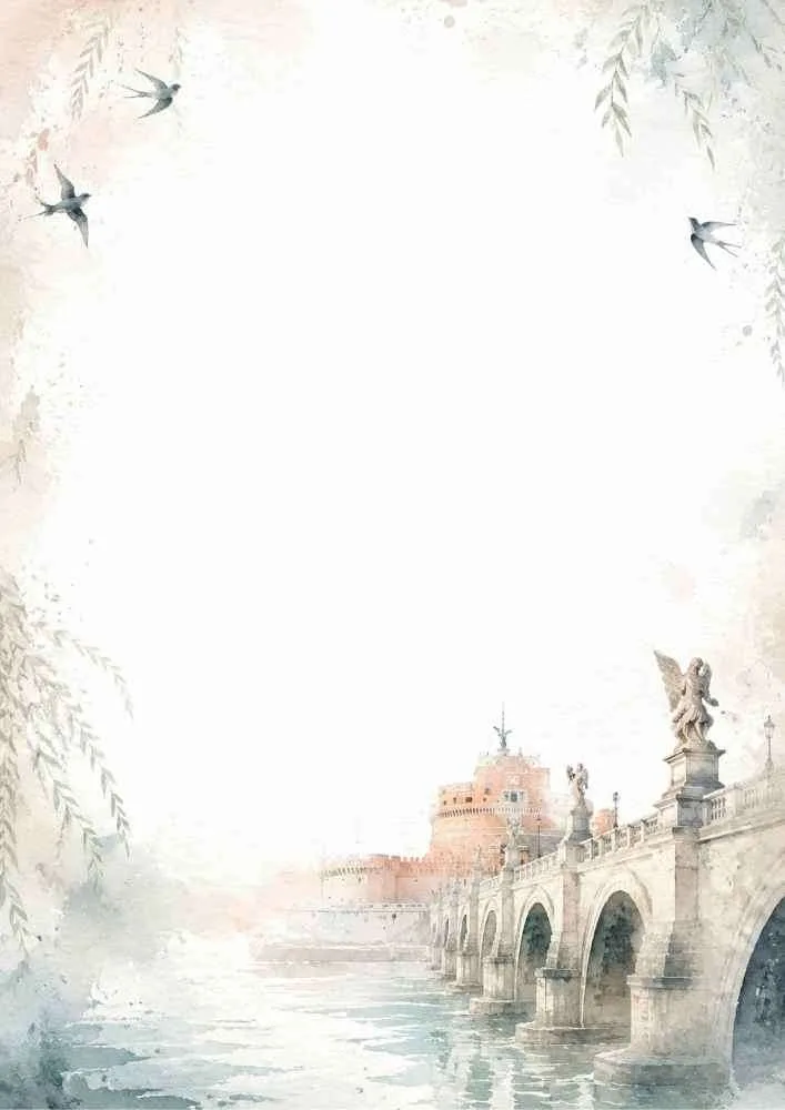 A watercolor border showing a stone bridge with statues over a river, a distant castle, flying birds, and leafy branches.