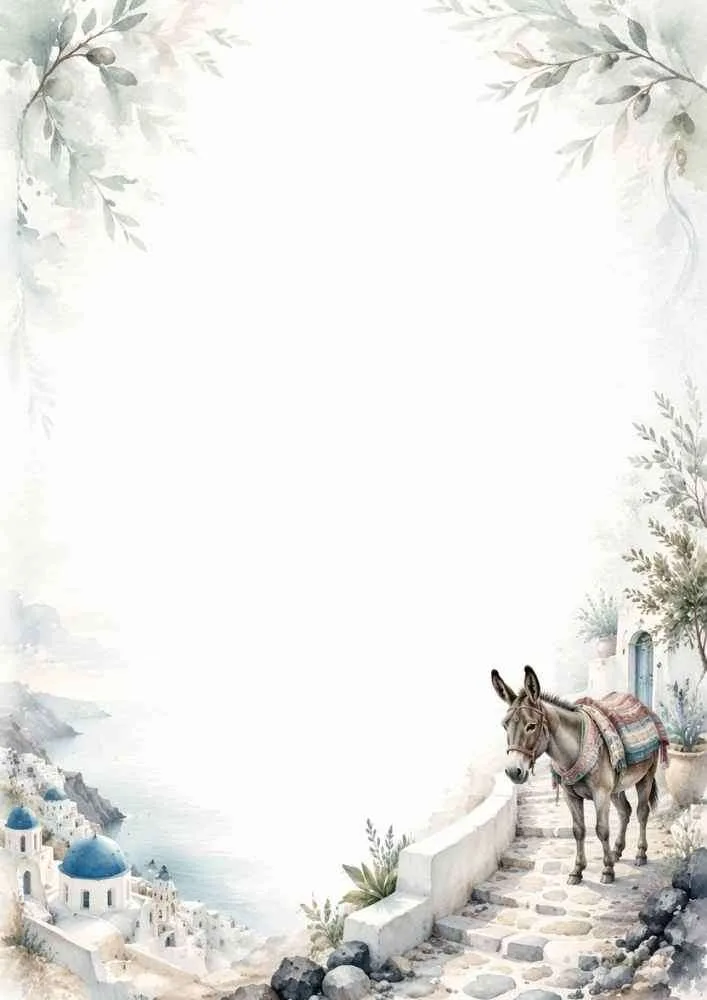 A watercolor border featuring a grey donkey on a stone path, coastal white buildings, the ocean, and olive branches.