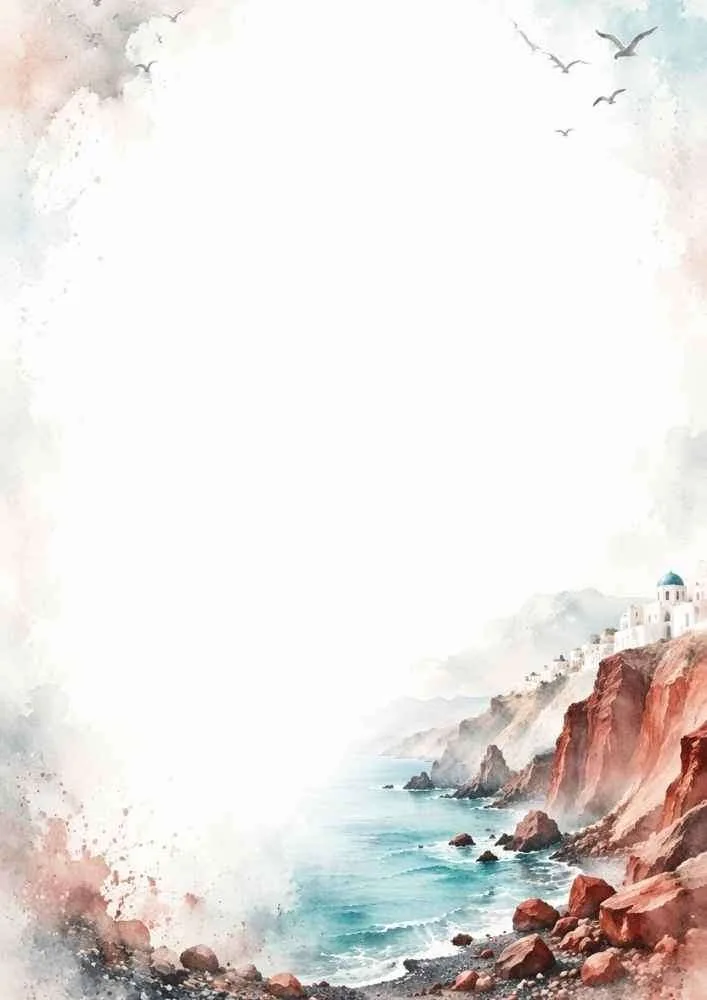 A watercolor border showing rugged red cliffs, turquoise water, white cliffside buildings, and flying birds.