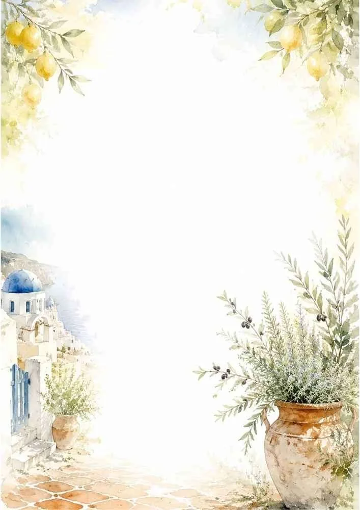 A watercolor border with lemon branches at the top, a potted plant on a stone patio, and a distant coastal town.