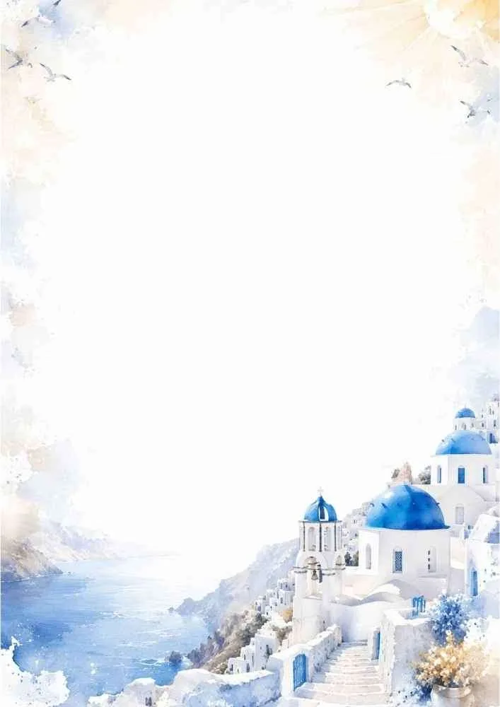 A watercolor border with blue domed churches on a cliff, the ocean, soft clouds, and flying birds in the sky.