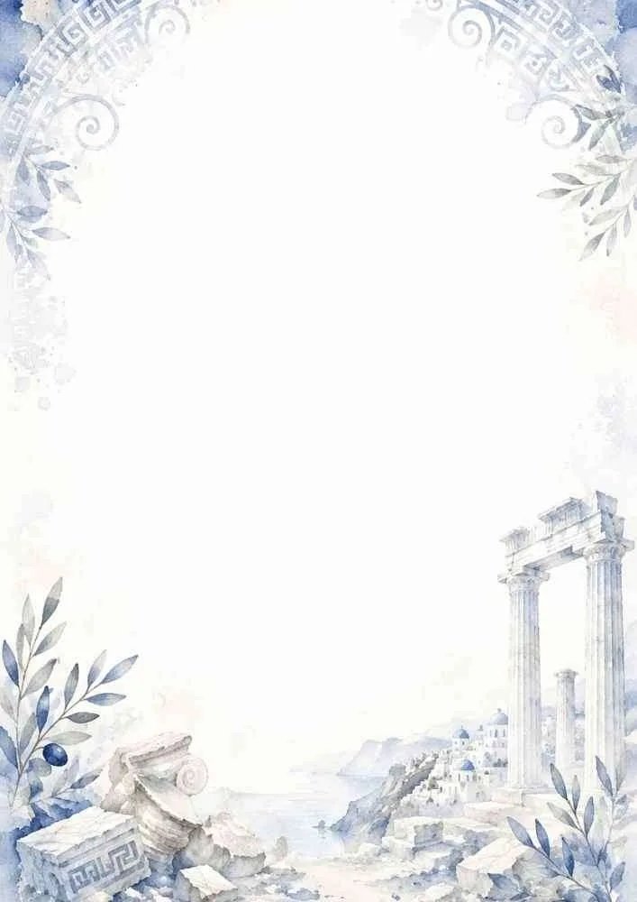 A watercolor border featuring ancient stone columns, fallen ruins, olive branches, and a subtle traditional archway.