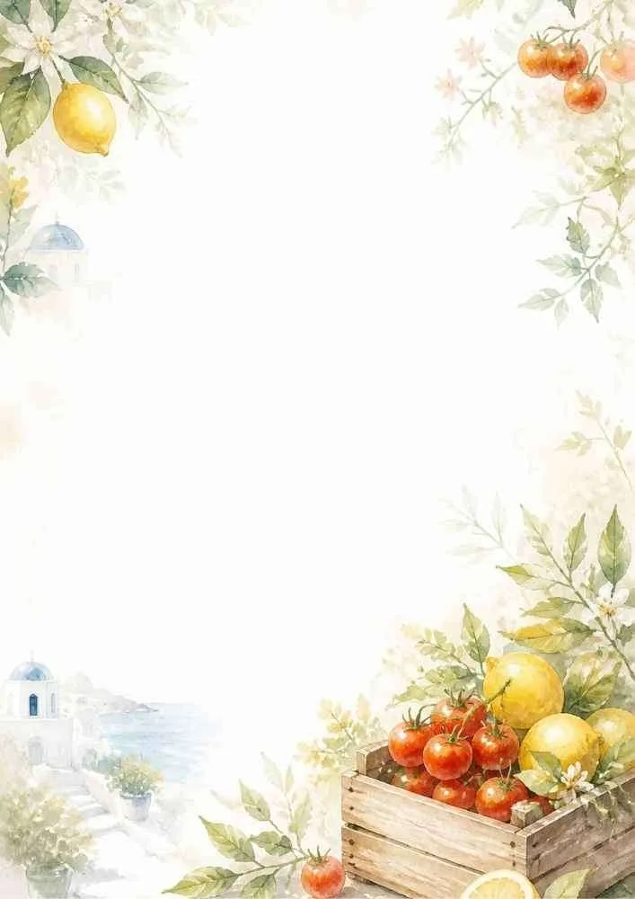 A watercolor border showing a wooden crate of tomatoes and lemons, leafy branches, and a distant white building.