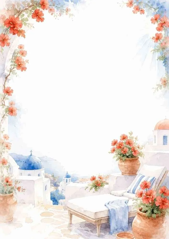 A watercolor border with vibrant red flowers, a lounge chair with a blue blanket, clay pots, and coastal buildings.