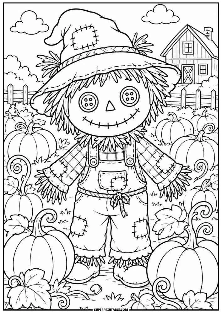 A scarecrow stands in a pumpkin patch with a barn, fence, clouds, and large pumpkins.