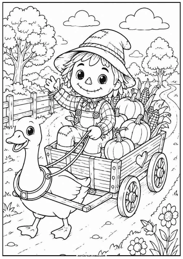 A scarecrow rides a wagon with pumpkins pulled by a goose on a farm road.