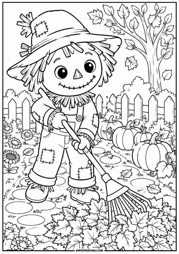 A scarecrow rakes leaves near pumpkins, flowers, trees, and a fence.