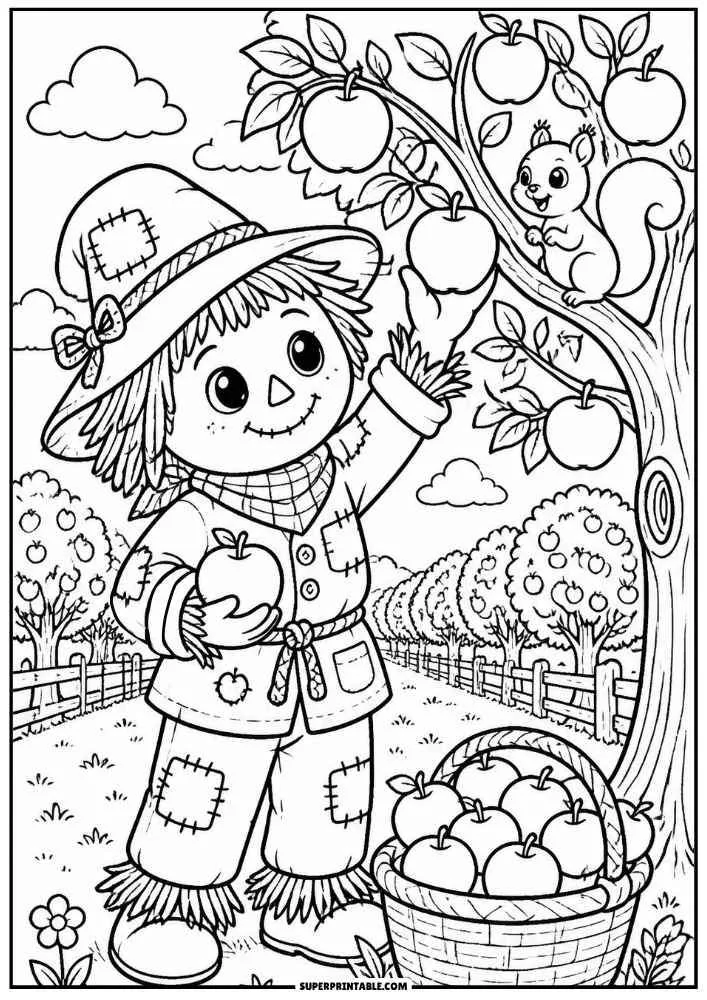 A scarecrow picks apples from a tree with a squirrel and apple basket.