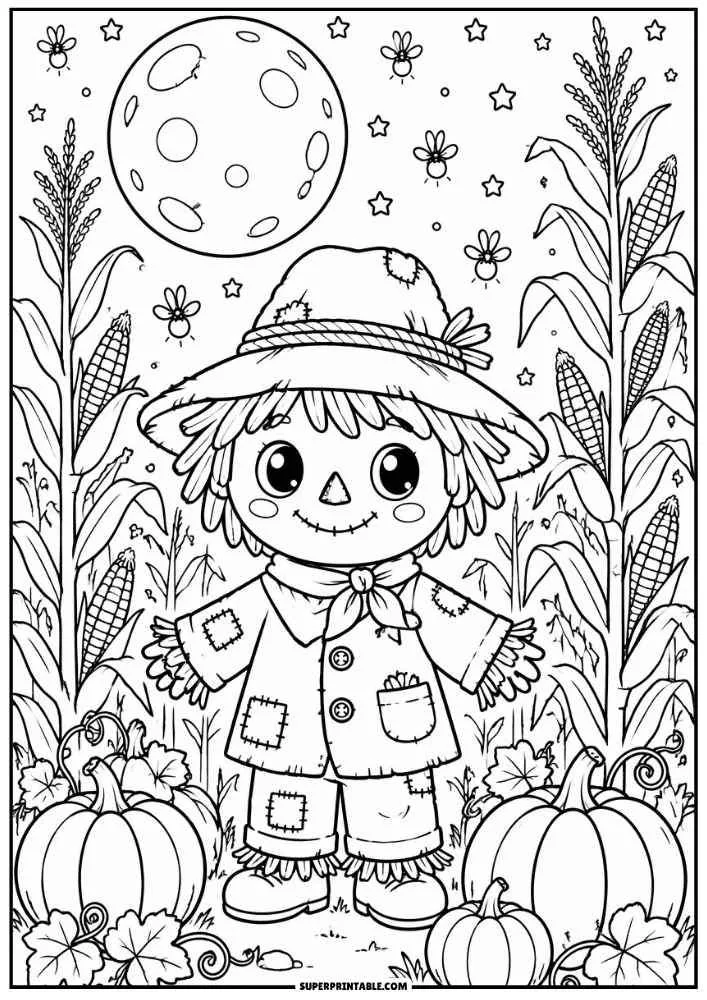 A scarecrow stands in a cornfield with pumpkins, moon, stars, and insects.