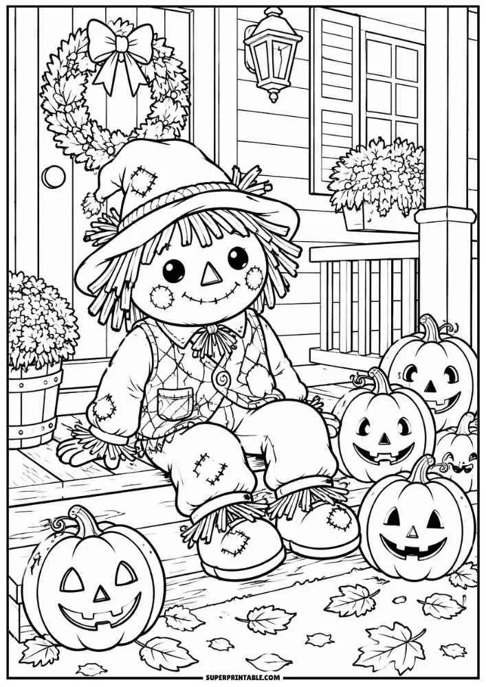 A scarecrow sits on a porch with jack o lantern pumpkins, wreath, and leaves.