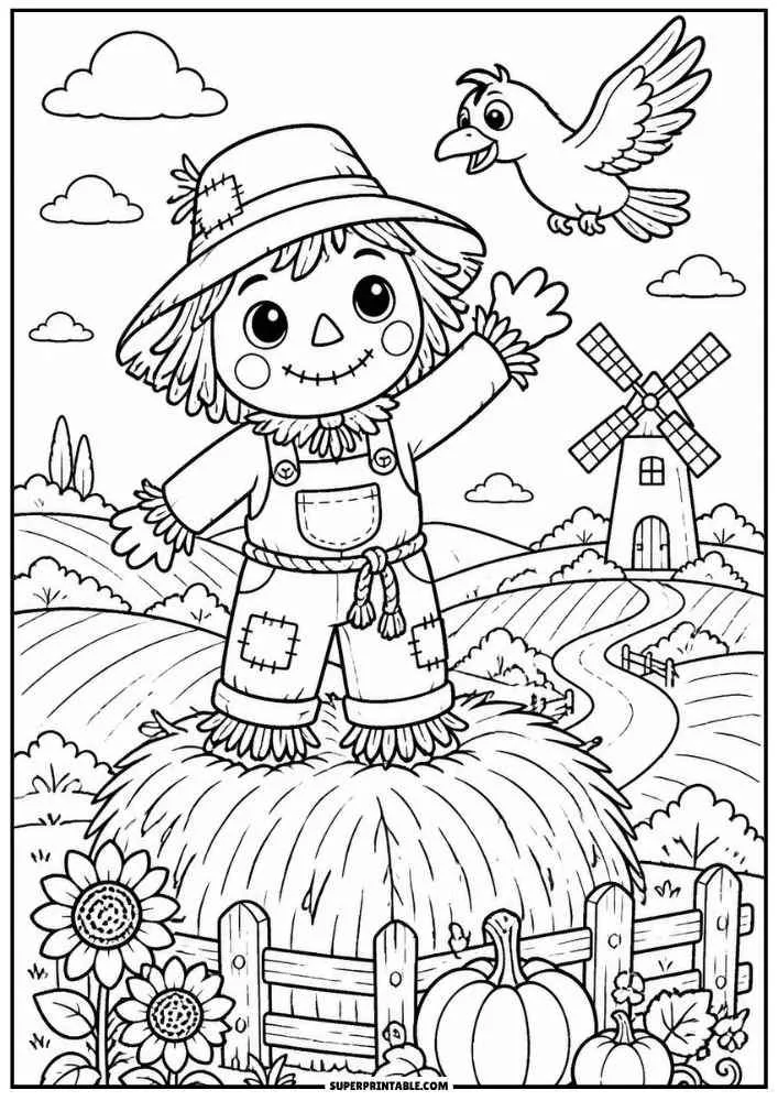 A scarecrow waves near a windmill with pumpkins, flowers, and a flying bird.