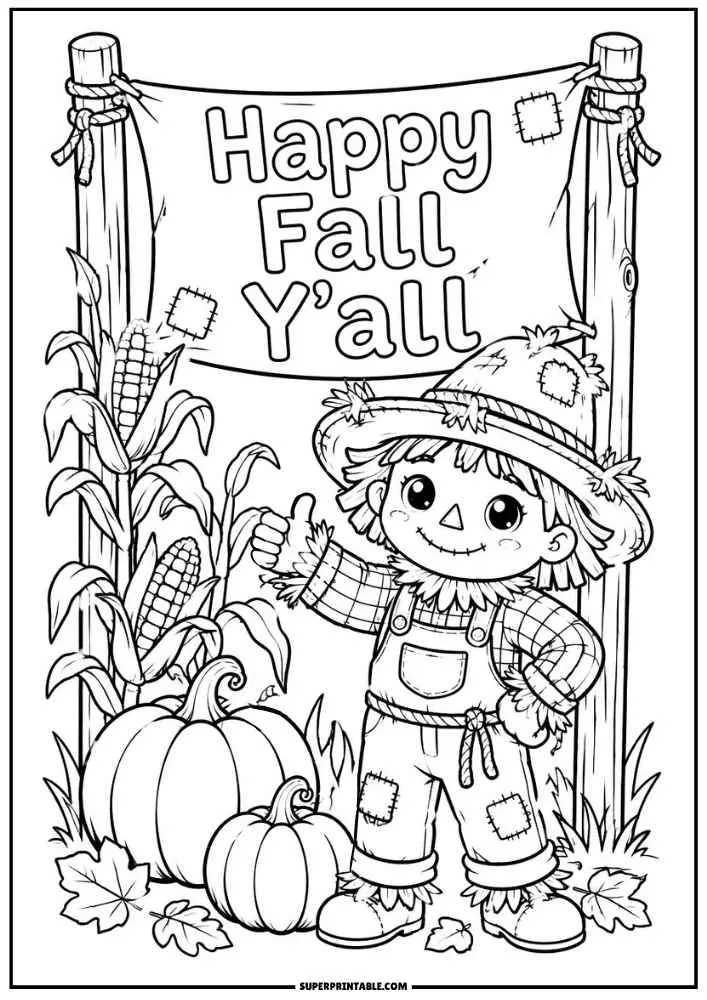 A scarecrow stands under a Happy Fall Y'all sign with pumpkins and corn.