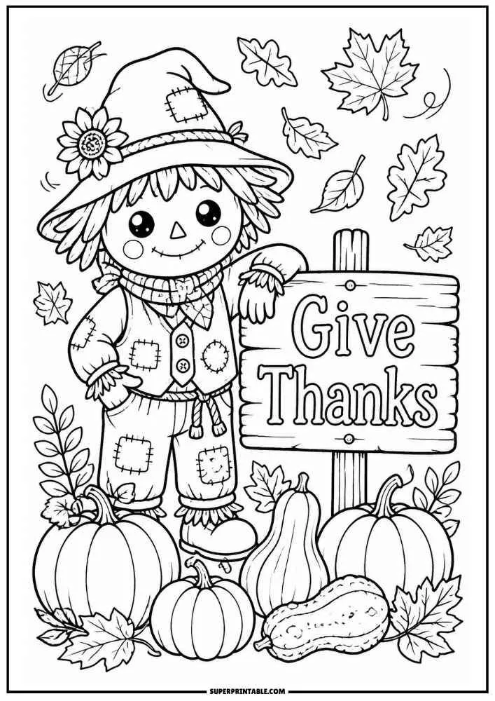 A scarecrow beside a Give Thanks sign with pumpkins, gourds, and autumn leaves.