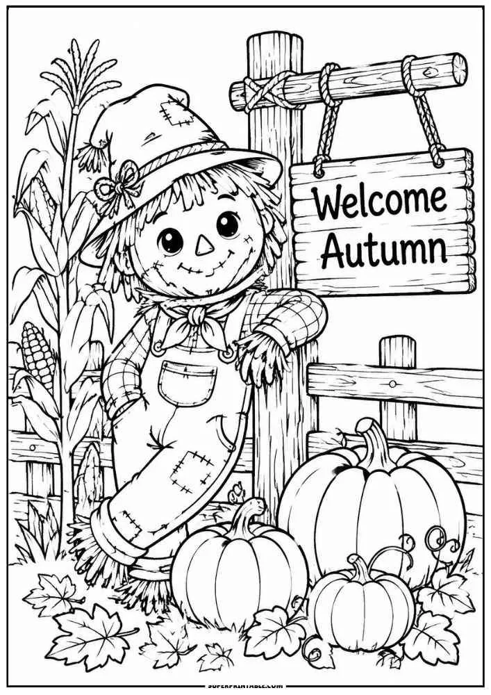 A scarecrow beside a Welcome Autumn sign with pumpkins and corn.