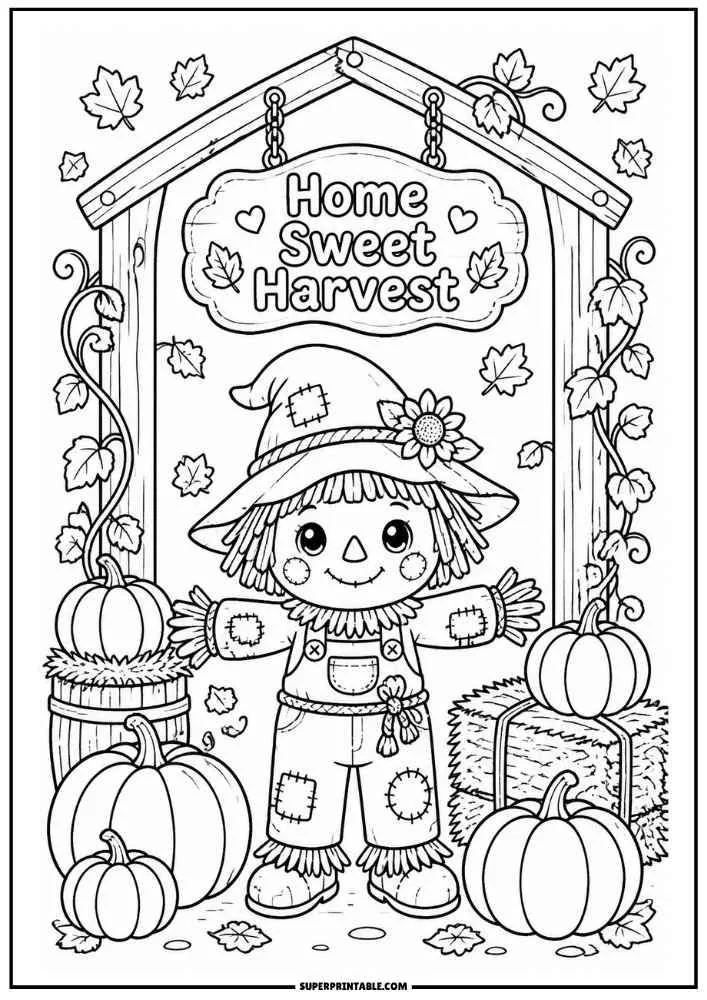 A scarecrow under a Home Sweet Harvest sign with pumpkins and hay bales.