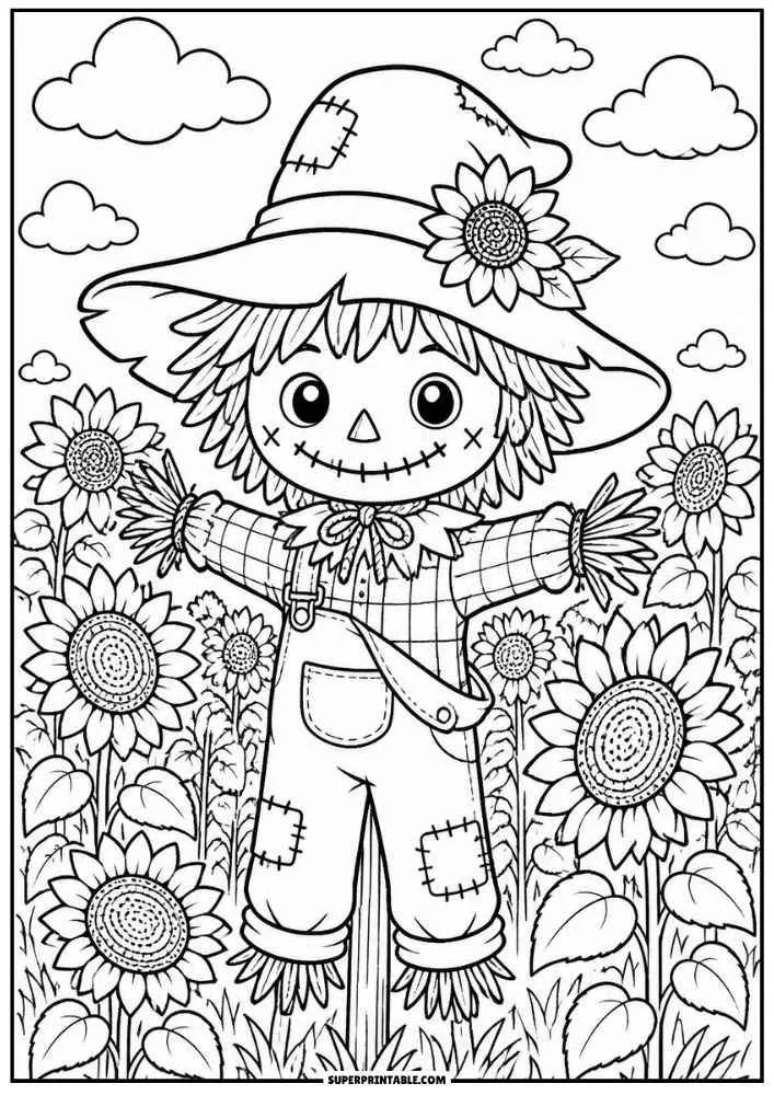 A scarecrow in a sunflower field with large sunflowers, clouds, and a wide hat.