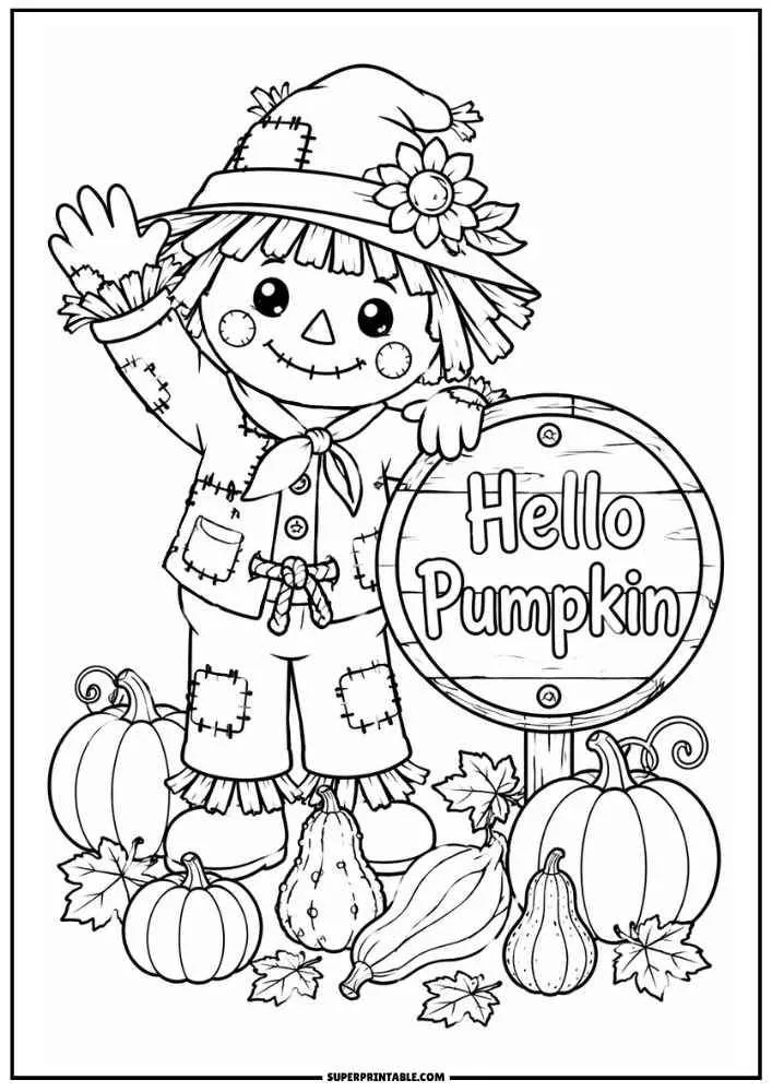 A scarecrow waves beside a Hello Pumpkin sign with pumpkins, gourds, and leaves.