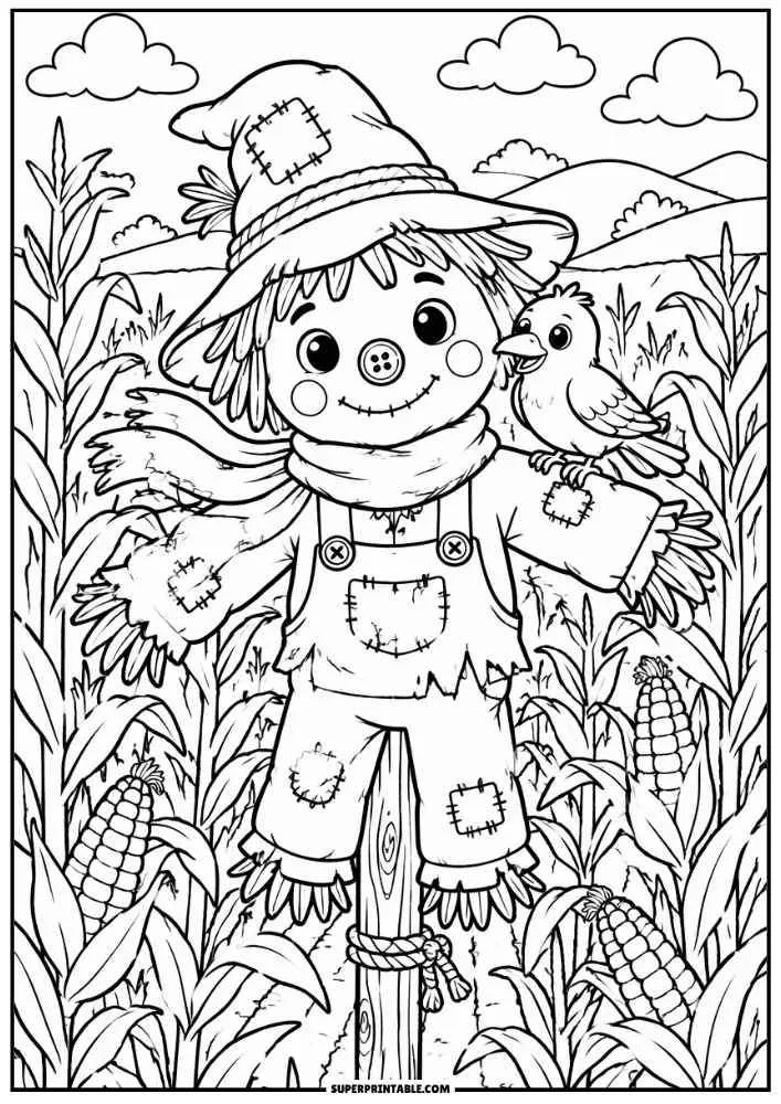 A scarecrow with a bird stands in a cornfield with corn cobs, hills, and clouds.