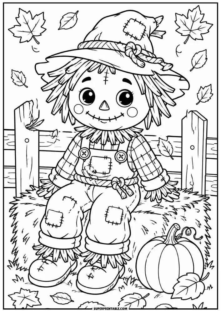 A scarecrow sits on a hay bale with a pumpkin, fence, and falling leaves.