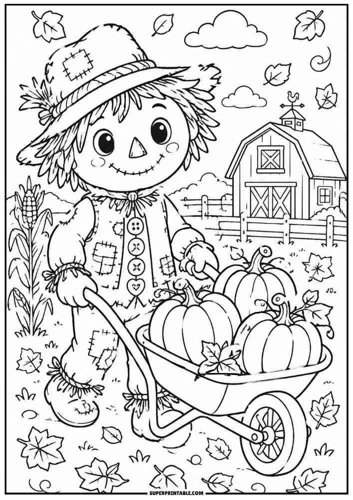 A scarecrow pushes a wheelbarrow of pumpkins near a barn with falling leaves.